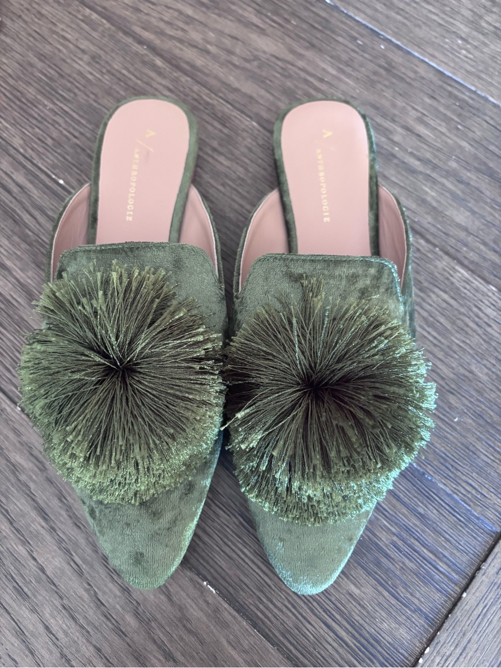 Anthropologie Green Velvet Pom-Pom Slide Mules size 39